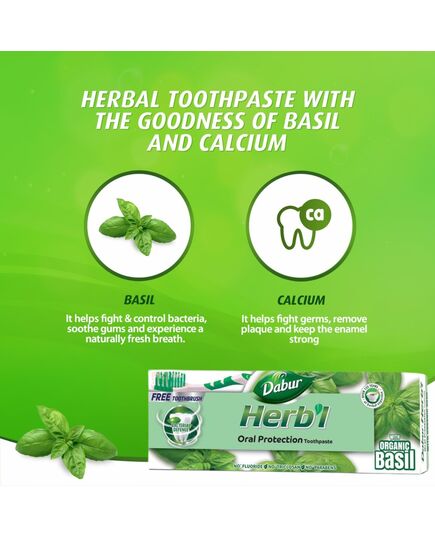 Dabur Herbl Basil Oral Protection Toothpaste (2 x 150g + Toothbrush) | Enriched With Basil | Natural Toothpaste For Healthy Gums & Strong Teeth | Value Pack