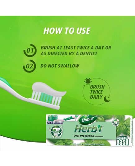 Dabur Herbl Basil Oral Protection Toothpaste (2 x 150g + Toothbrush) | Enriched With Basil | Natural Toothpaste For Healthy Gums & Strong Teeth | Value Pack