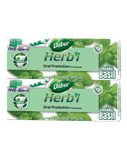 Dabur Herbl Basil Oral Protection Toothpaste (2 x 150g + Toothbrush) | Enriched With Basil | Natural Toothpaste For Healthy Gums & Strong Teeth | Value Pack