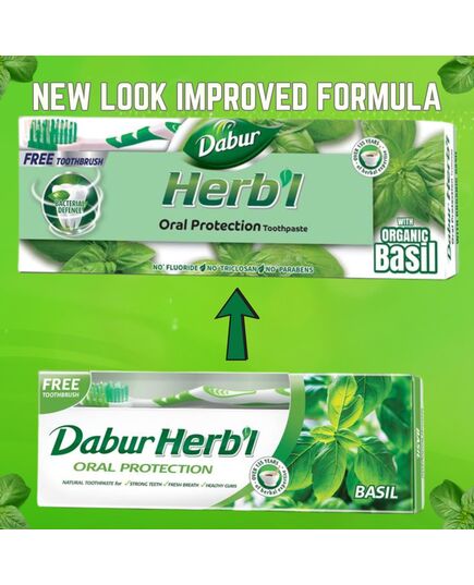 Dabur Herbl Basil Oral Protection Toothpaste (2 x 150g + Toothbrush) | Enriched With Basil | Natural Toothpaste For Healthy Gums & Strong Teeth | Value Pack