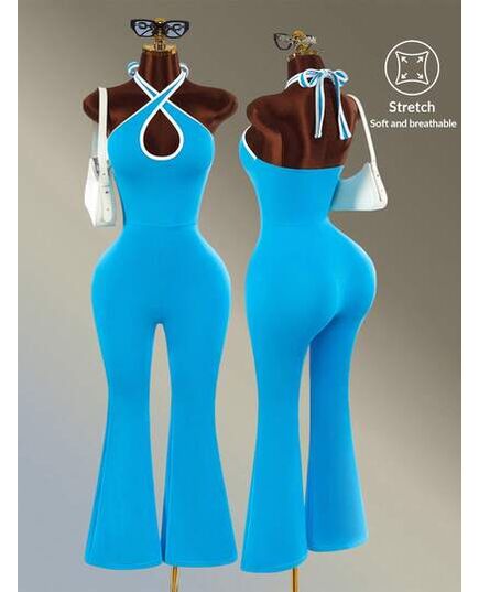 Amplova Backless Halter Neck Flared Leg Sports Jumpsuit