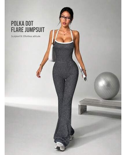 SHEIN Women's Vintage Polka Dot Halter Bell Bottom Jumpsuit – Flare Leg Backless Bodycon One Piece Outfit