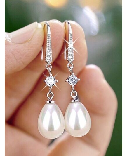 1 Pair Elegant Cubic Zirconia & Faux Pearl Teardrop Earrings, Suitable For Girls Daily Wear, Party Wear Or Birthday Gift