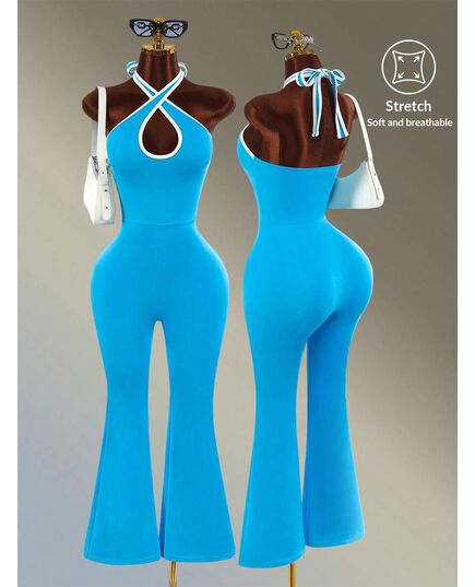 Amplova Backless Halter Neck Flared Leg Sports Jumpsuit