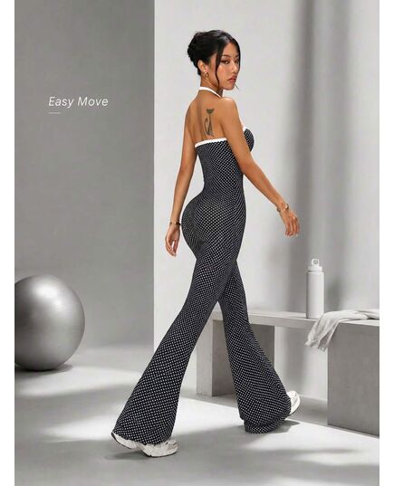 SHEIN Women's Vintage Polka Dot Halter Bell Bottom Jumpsuit – Flare Leg Backless Bodycon One Piece Outfit