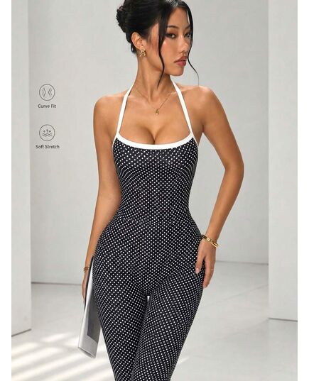 SHEIN Women's Vintage Polka Dot Halter Bell Bottom Jumpsuit – Flare Leg Backless Bodycon One Piece Outfit