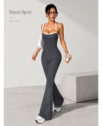 SHEIN Women's Vintage Polka Dot Halter Bell Bottom Jumpsuit – Flare Leg Backless Bodycon One Piece Outfit