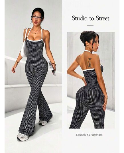 SHEIN Women's Vintage Polka Dot Halter Bell Bottom Jumpsuit – Flare Leg Backless Bodycon One Piece Outfit