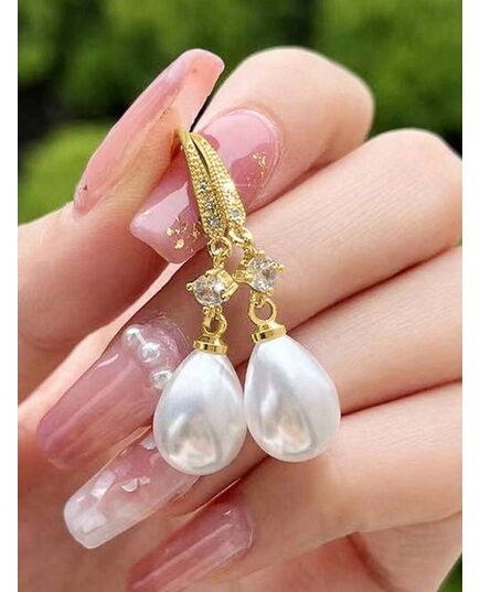 1 Pair Elegant Cubic Zirconia & Faux Pearl Teardrop Earrings, Suitable For Girls Daily Wear, Party Wear Or Birthday Gift