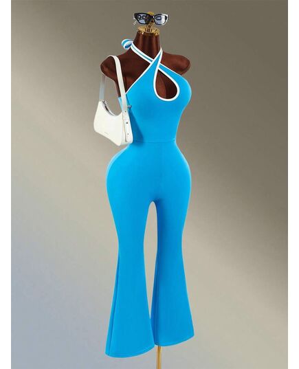 Amplova Backless Halter Neck Flared Leg Sports Jumpsuit
