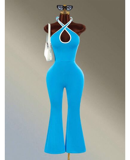 Amplova Backless Halter Neck Flared Leg Sports Jumpsuit