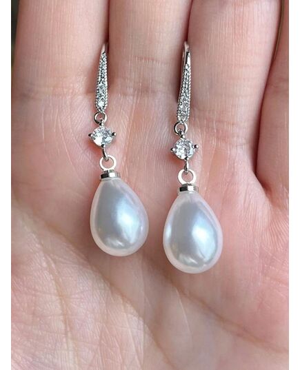 1 Pair Elegant Cubic Zirconia & Faux Pearl Teardrop Earrings, Suitable For Girls Daily Wear, Party Wear Or Birthday Gift