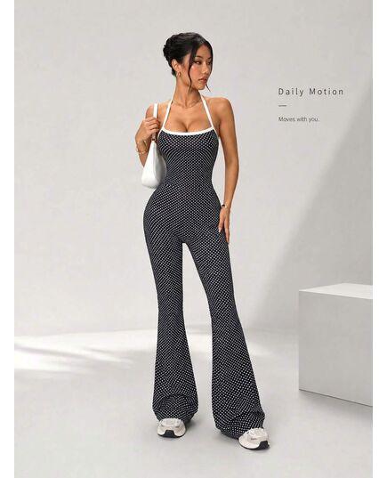 SHEIN Women's Vintage Polka Dot Halter Bell Bottom Jumpsuit – Flare Leg Backless Bodycon One Piece Outfit