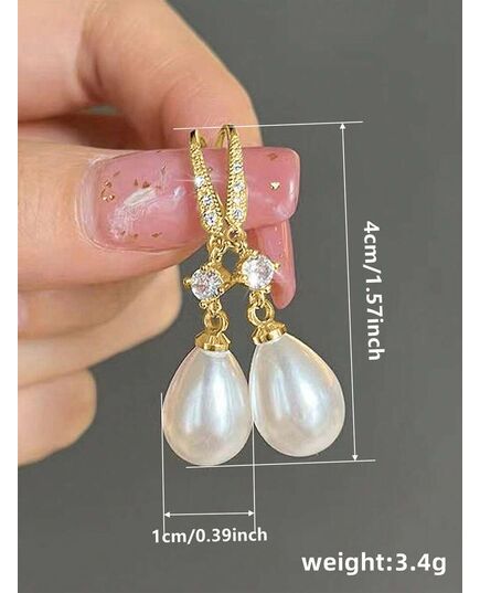 1 Pair Elegant Cubic Zirconia & Faux Pearl Teardrop Earrings, Suitable For Girls Daily Wear, Party Wear Or Birthday Gift