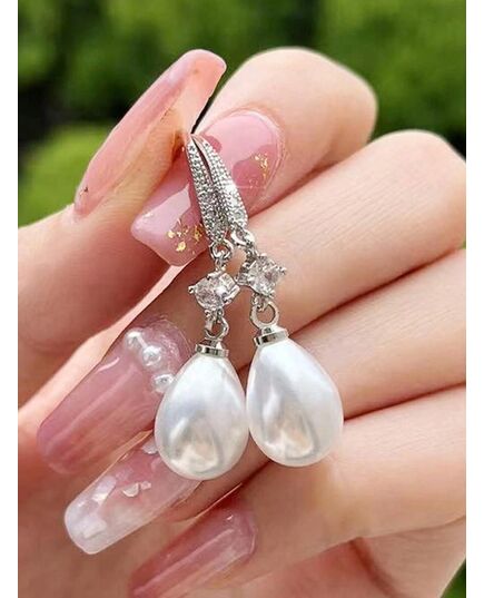 1 Pair Elegant Cubic Zirconia & Faux Pearl Teardrop Earrings, Suitable For Girls Daily Wear, Party Wear Or Birthday Gift