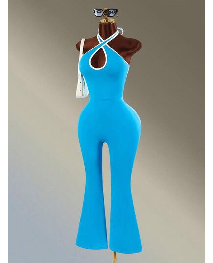 Amplova Backless Halter Neck Flared Leg Sports Jumpsuit