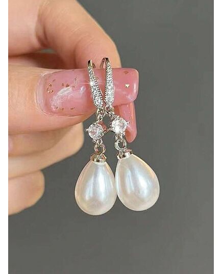 1 Pair Elegant Cubic Zirconia & Faux Pearl Teardrop Earrings, Suitable For Girls Daily Wear, Party Wear Or Birthday Gift