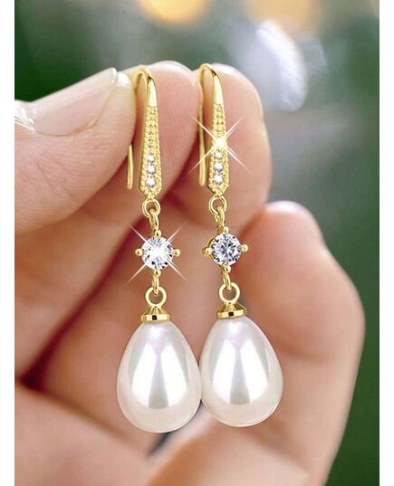 1 Pair Elegant Cubic Zirconia & Faux Pearl Teardrop Earrings, Suitable For Girls Daily Wear, Party Wear Or Birthday Gift