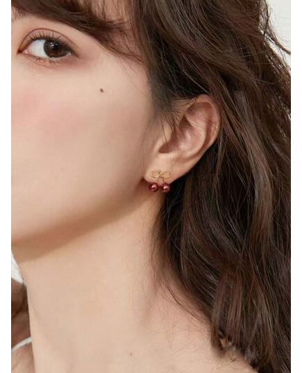 1pair Cherry/Wine Red Cute Fresh Fruit Design Small Stud Earrings For Women, Suitable For Daily, Casual & Business Occasions
