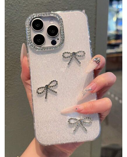 Luxury Pink Bowknot Element Shiny Crystal Rhinestone Fashion Phone Case Luxury Pink Camera Phone Case Compatible With IPhone 16 15 14 13 12 11 Pro Max Plus 3D Glitter Bow Soft Transparent Back Cover W