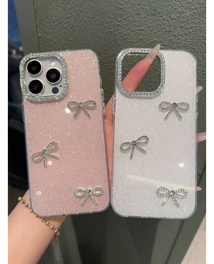 Luxury Pink Bowknot Element Shiny Crystal Rhinestone Fashion Phone Case Luxury Pink Camera Phone Case Compatible With IPhone 16 15 14 13 12 11 Pro Max Plus 3D Glitter Bow Soft Transparent Back Cover W
